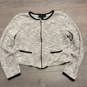 Metaphor White Textured Tweed Cropped Zip Jacket with Black Trim